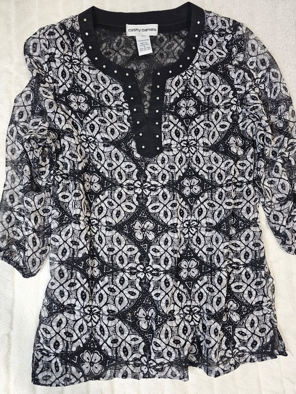 Cathy Daniels Sheer Layered Blouse Black White Rhinestone Accent Top Size Small